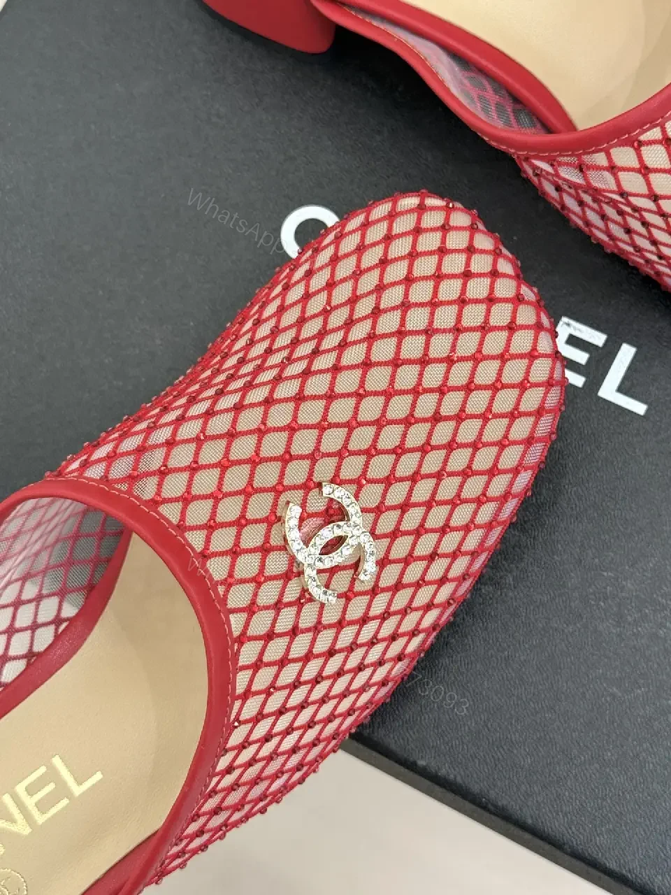 View 9 of Red Mesh Mules Silver CC Logo, Block Heel, Chanel Style Shoes