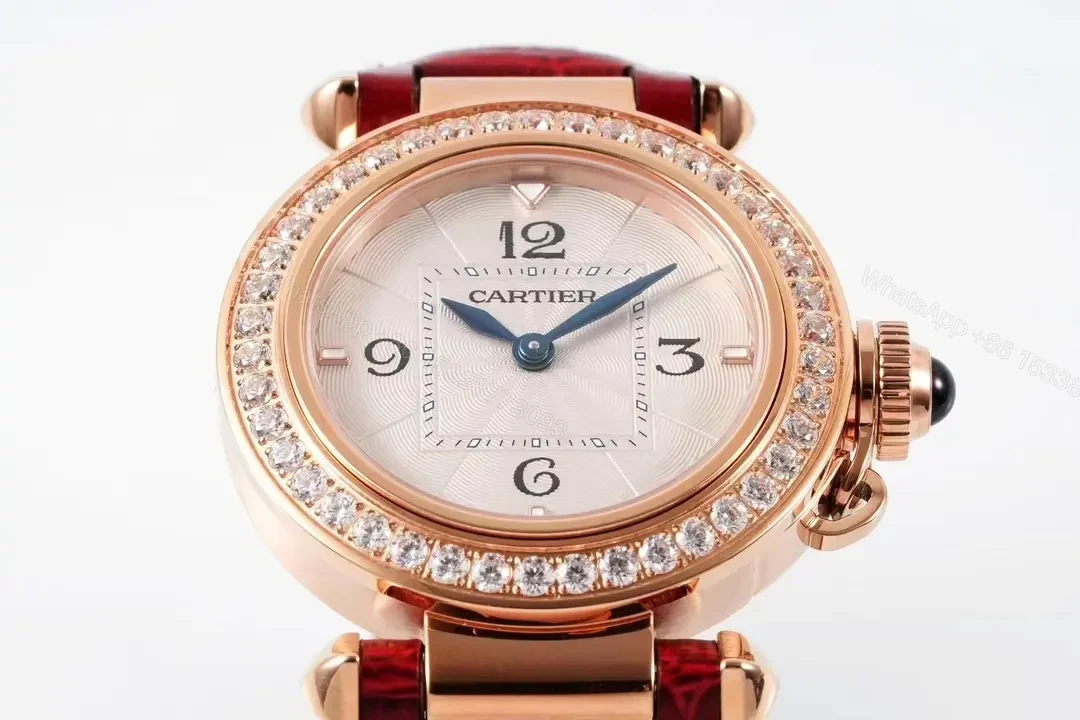 View 9 of K11 Factory Cartier Pasha de Cartier Women’s Watch, 30mm, Rose Gold with Diamond Bezel, Red Leather Strap, Blue Steel Hands