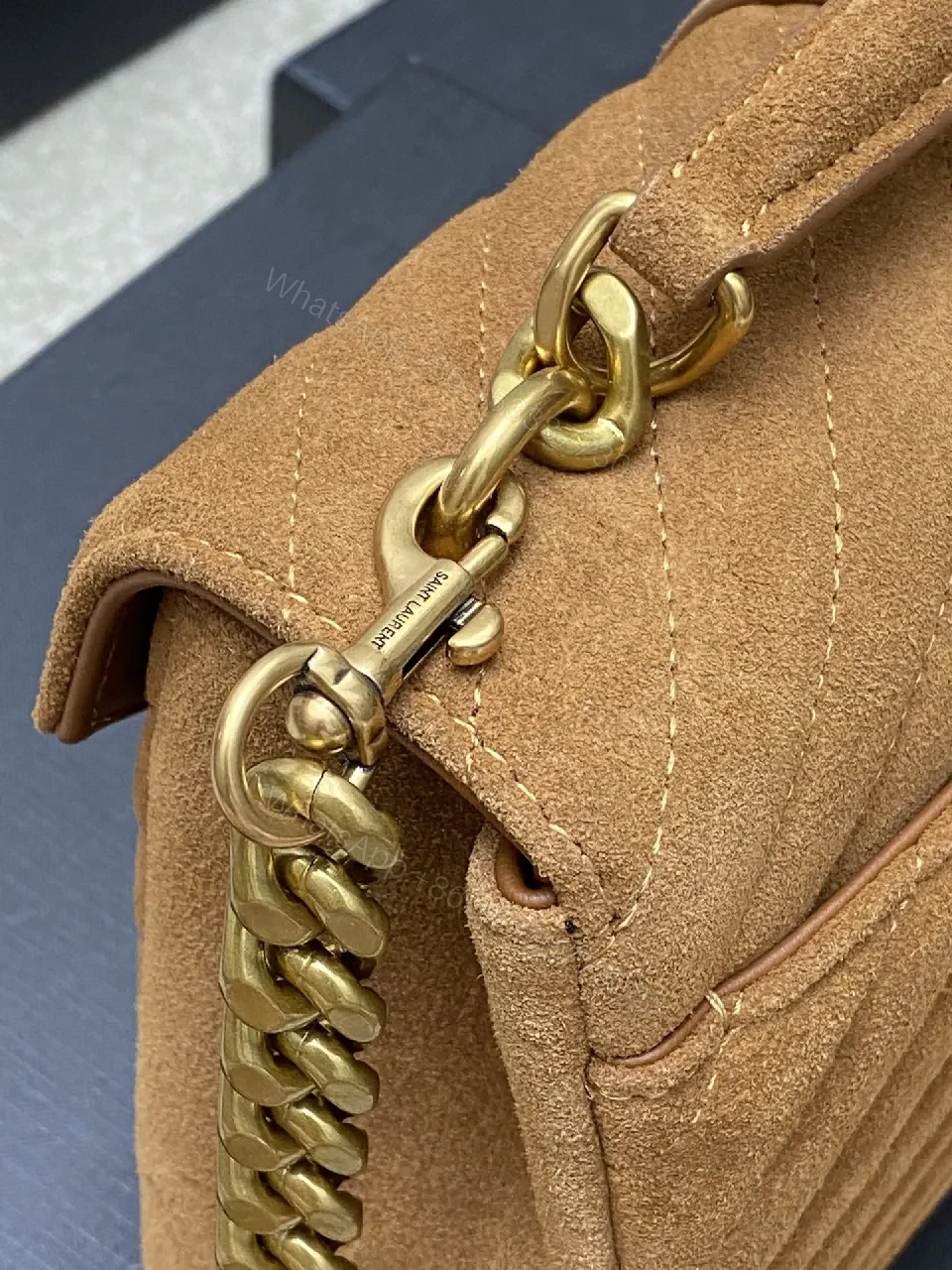View 8 of Brown Suede Envelope Bag - Chevron Texture, Gold Hardware, Crossbody