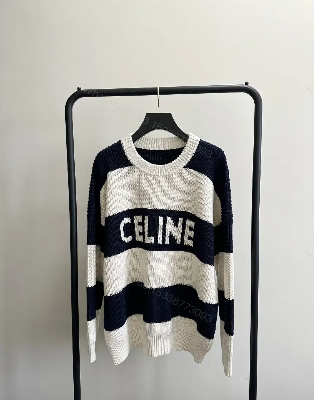 View 3 of Chunky Navy & Cream Knit Sweater - Designer-Inspired Comfort, All-Season