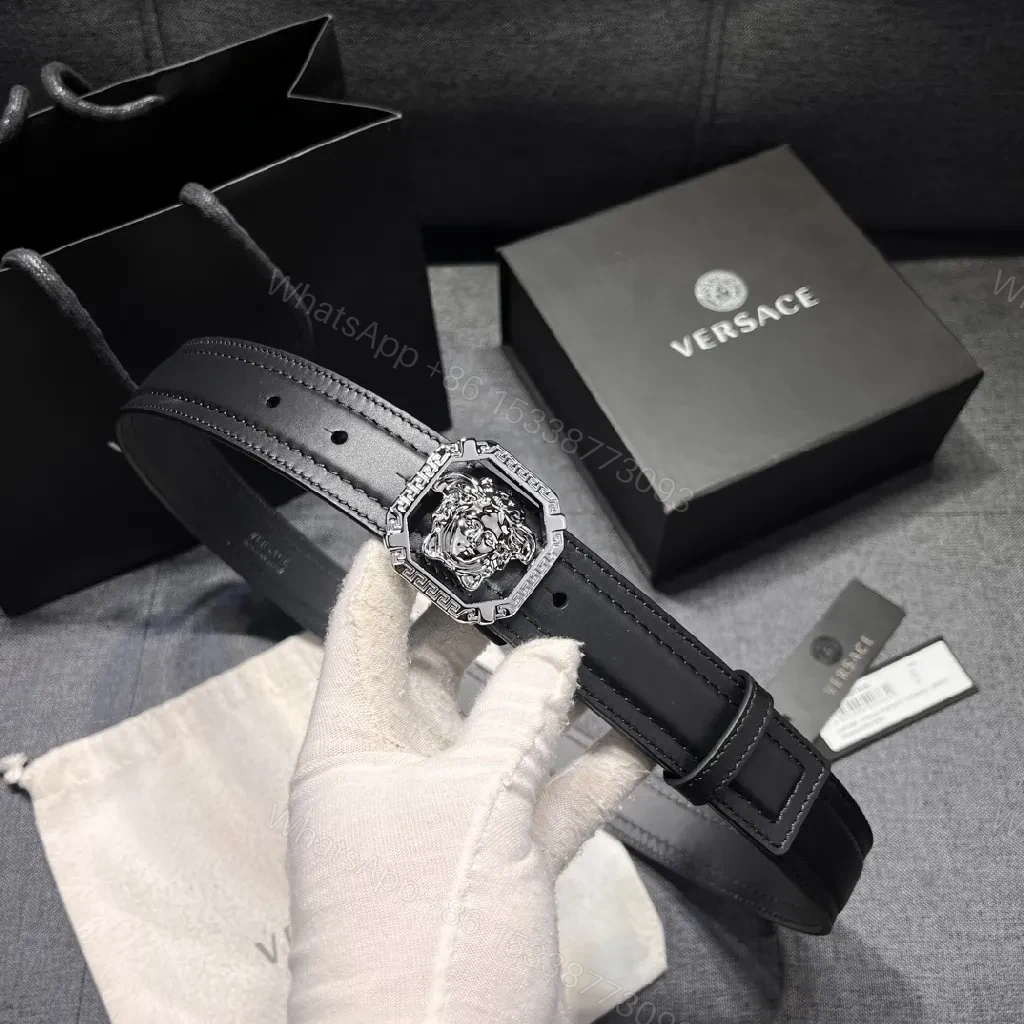 View 5 of Bold Black Leather Belt with Medusa Buckle - Crystalline Edge Accessory