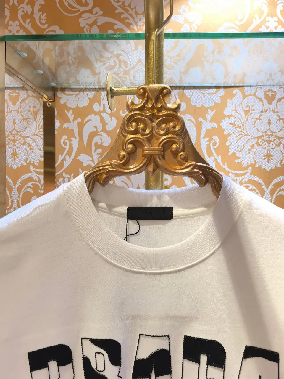 View 2 of White Cotton Crew Tee, Minimalist Luxe, PRADA Milano Logo Tee