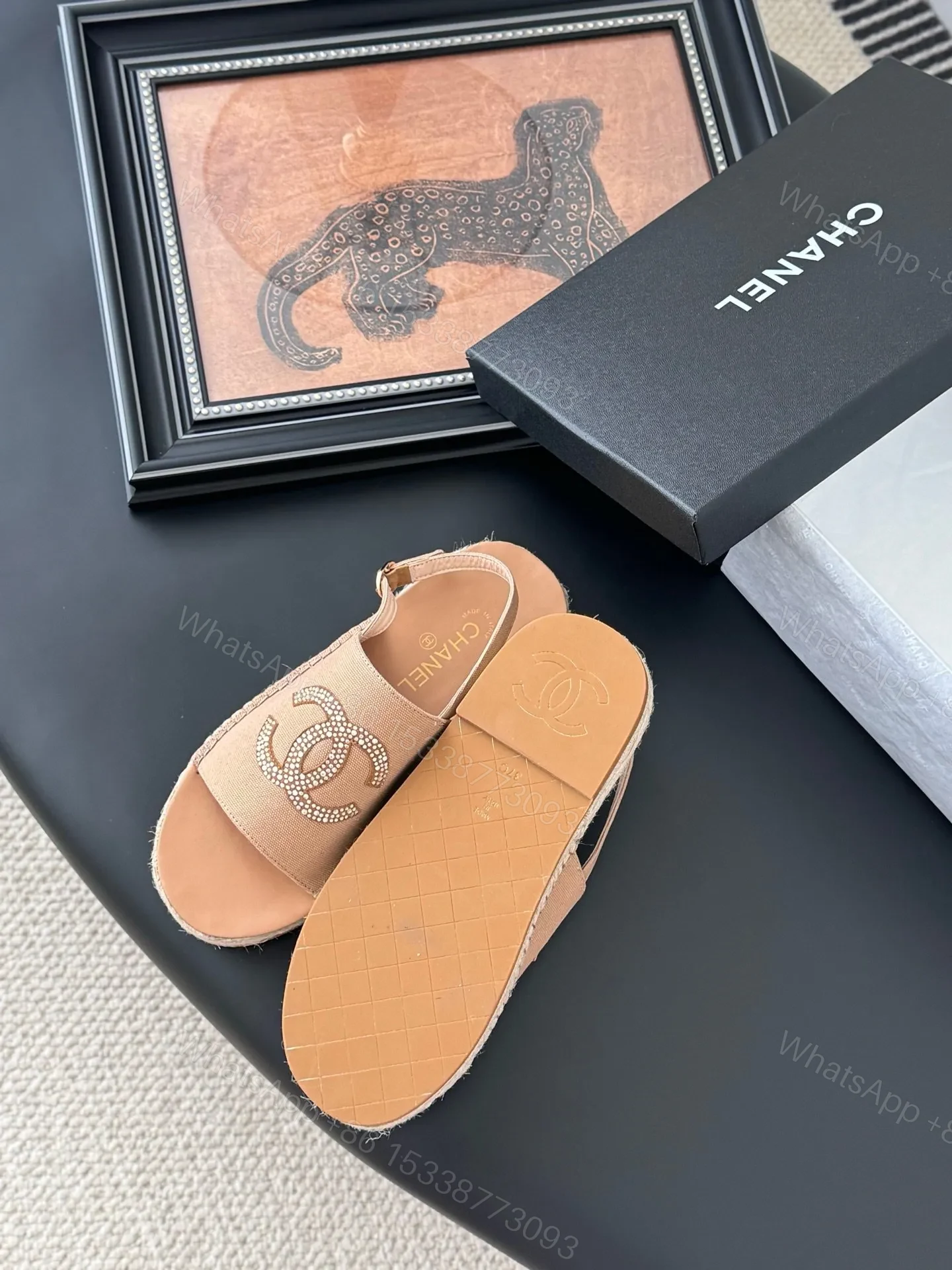 View 5 of Chanel Women Beige Canvas Crystal Logo Sandals