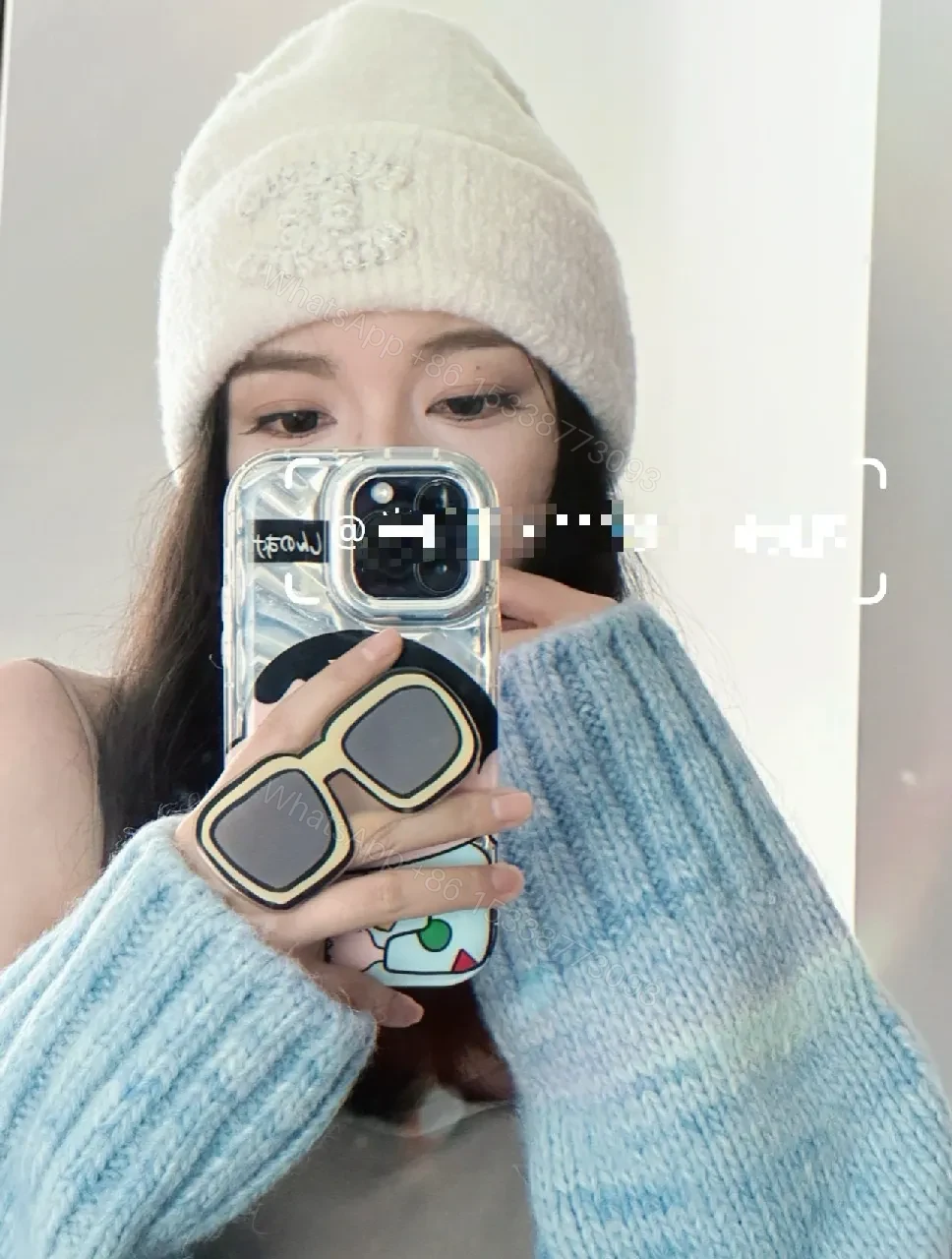 View 11 of Gray Knit Beanie, Plush Fleece, Couture-Inspired Emblem