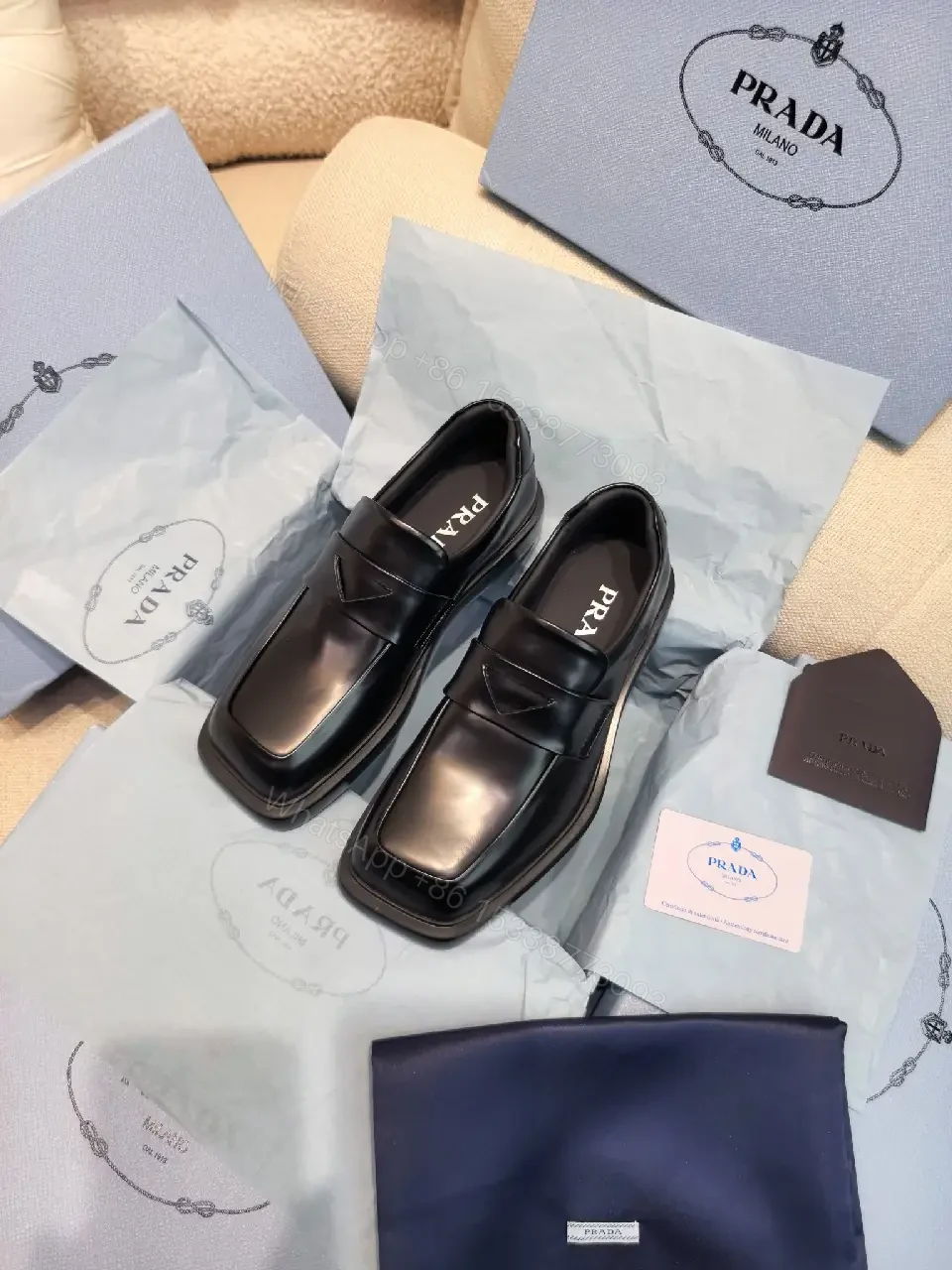 View 10 of Black Leather Prada Muffin-Style Loafers - Minimalist Square Toe