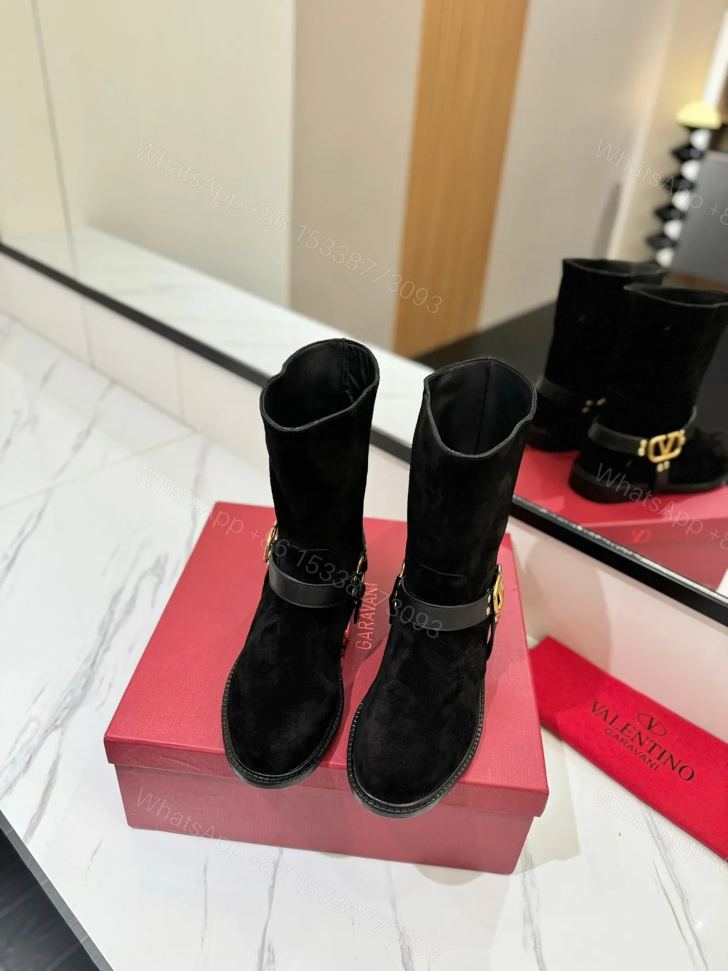 View 4 of Valentino Women Black Suede Leather Strap Boots