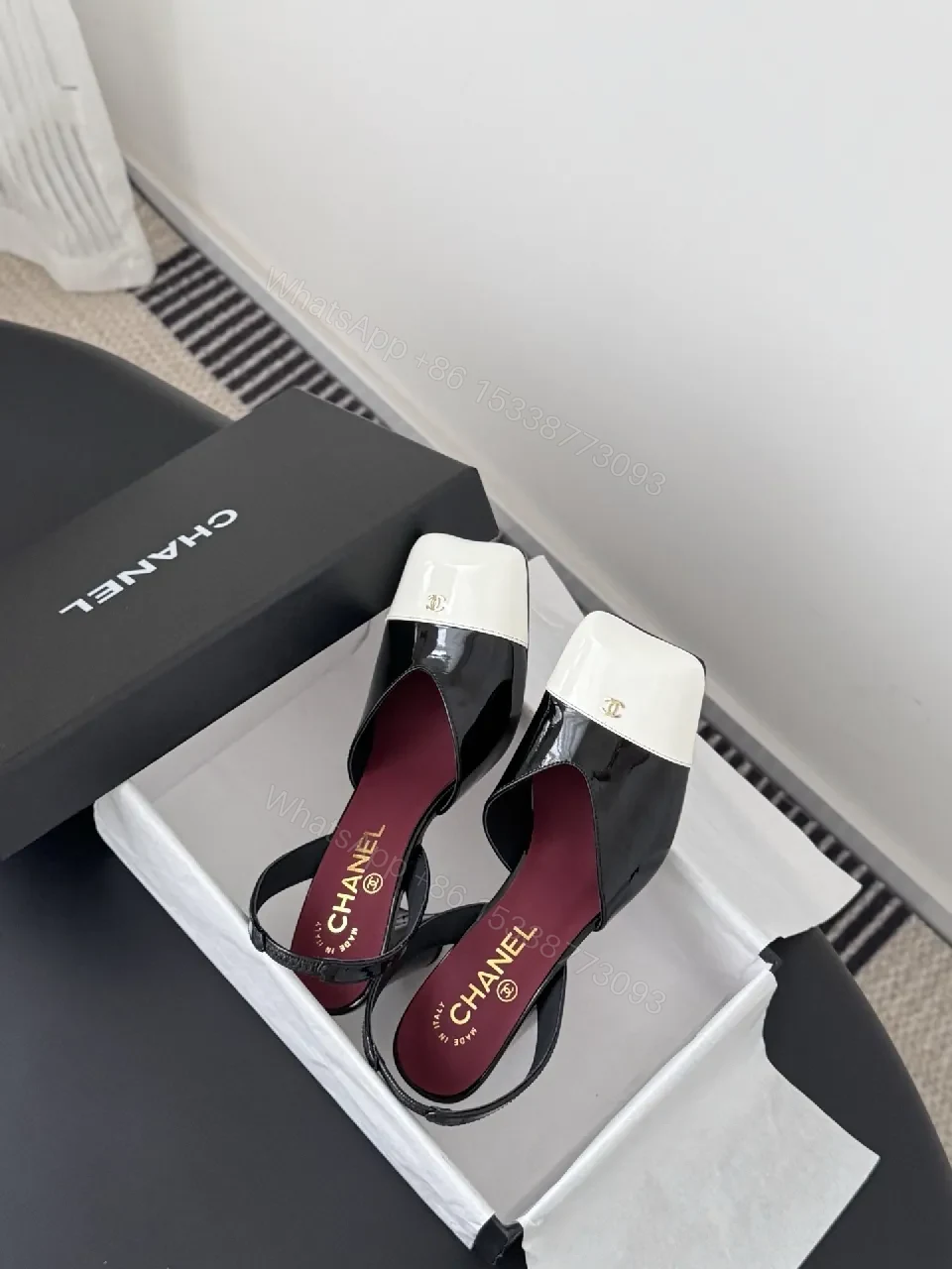 View 2 of White-to-Dark Patent Open-Toe Slingback Heels with Block Heel