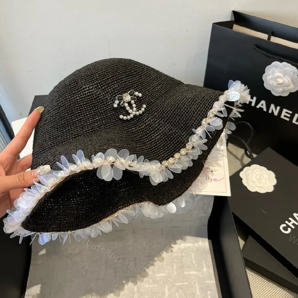 View 9 of Black Straw Hat with Pearl Logo and Crystal Trim
