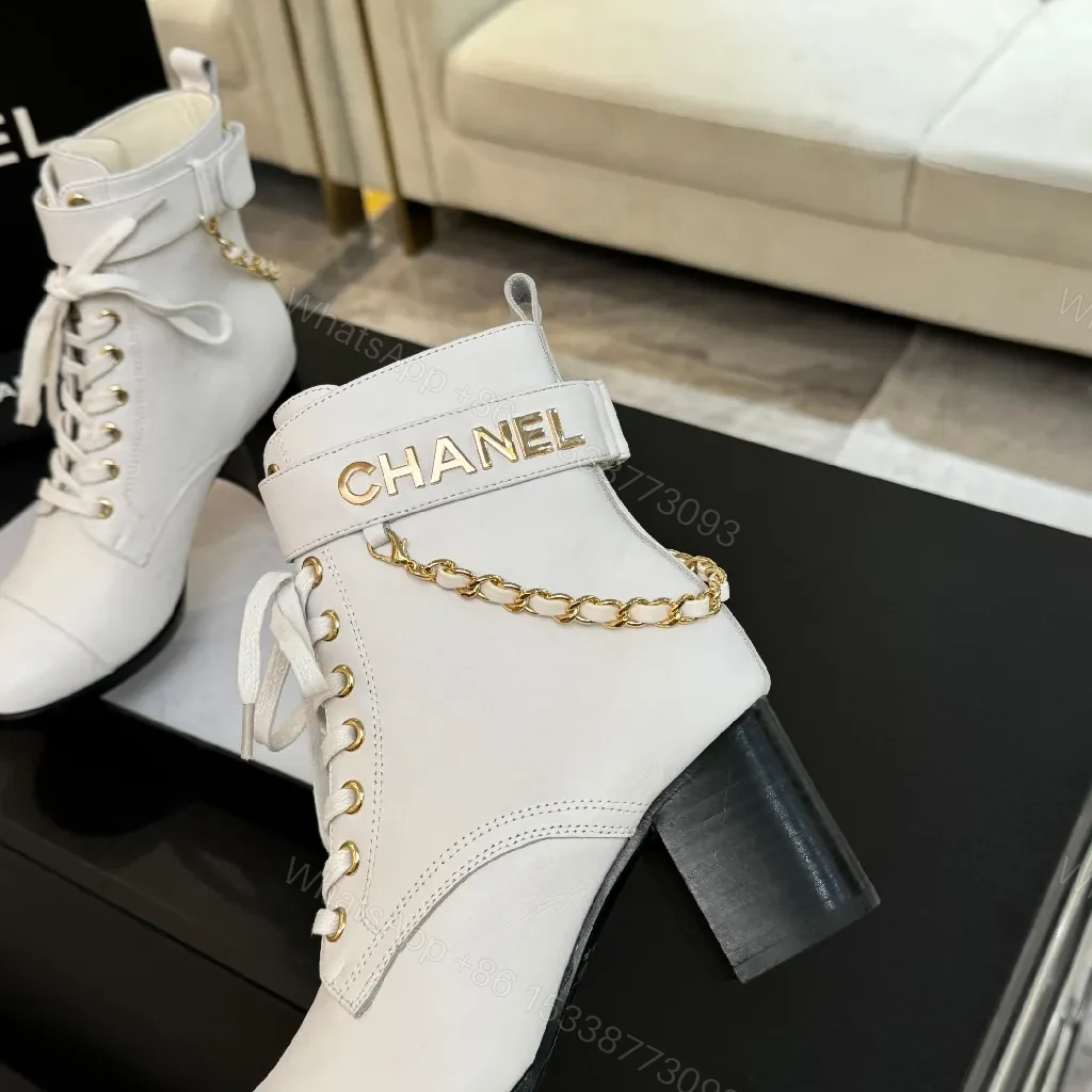 View 6 of White Leather Combat Boots with Gold Chain Detail