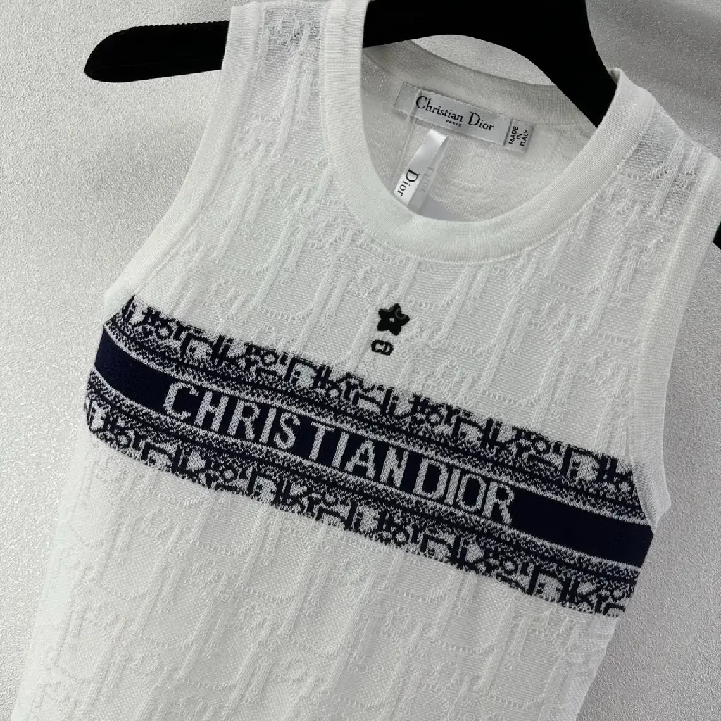 View 10 of White Linen Tank Top Dior Logo Band Sleeveless Classic Print Tank Top