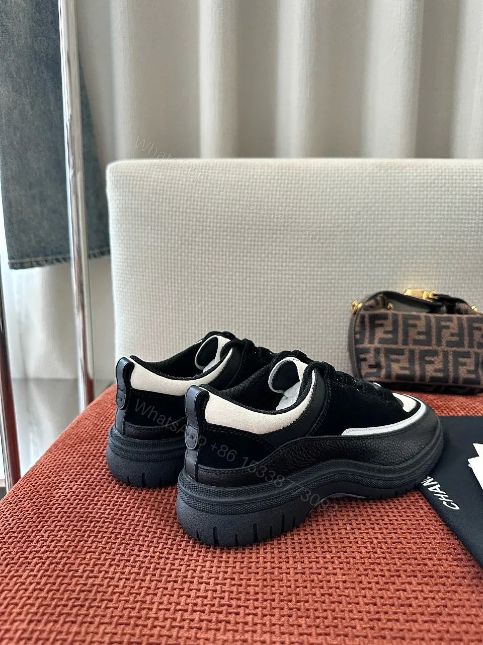View 6 of Chic Black-White Leather High-Top Sneakers with Couture Detailing