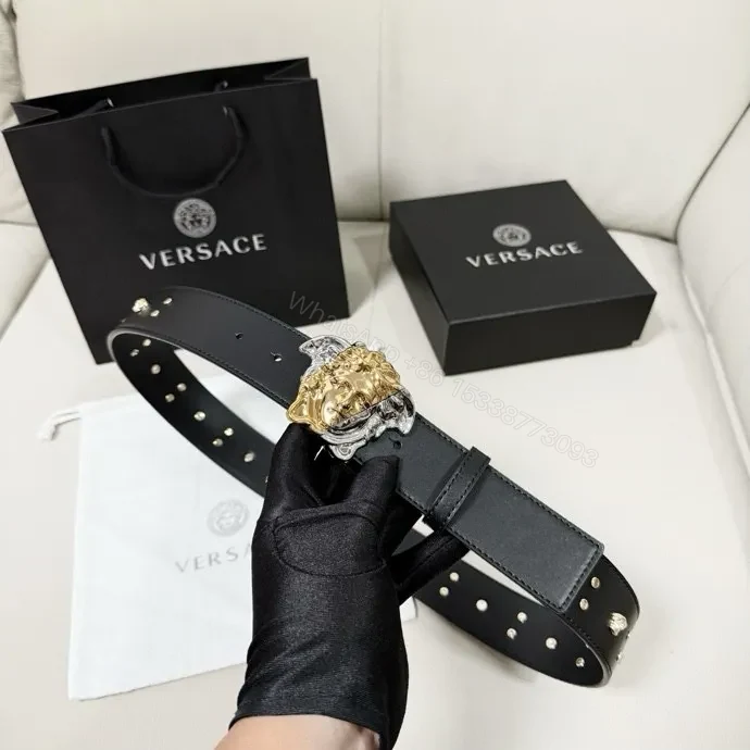 View 7 of Golden Medusa Buckle Belt — Black Leather, Two-Tone Luxury