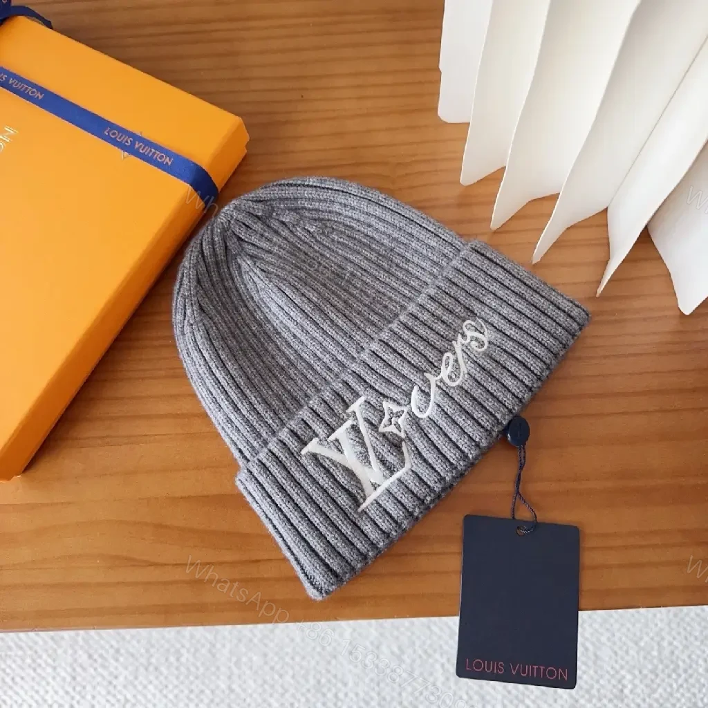 View 7 of Grey Wool Knit Beanie with Subtle LV Logo