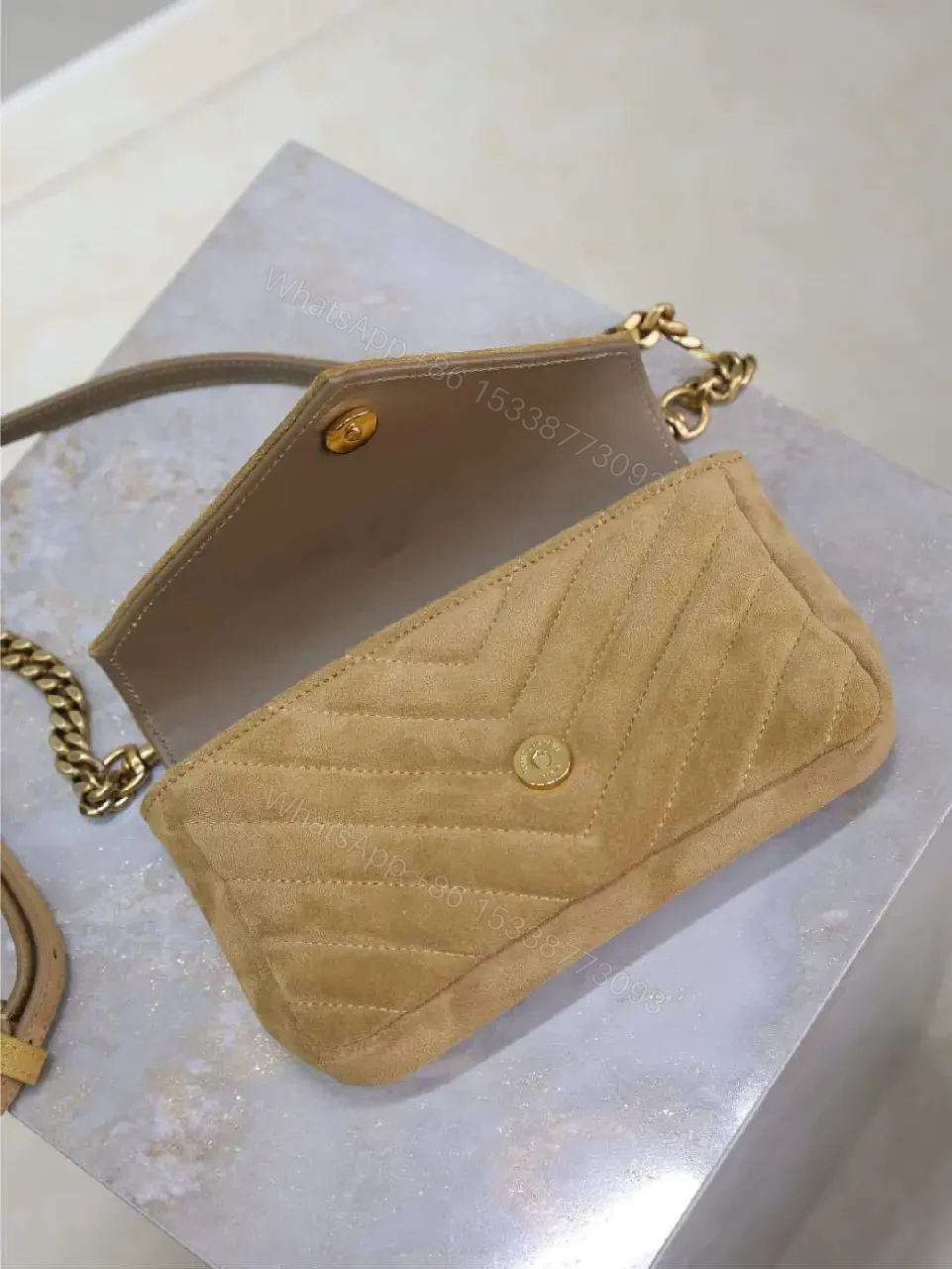 View 7 of Warm Taupe Quilted Mini Bag with Luxe Hardware, Envelope Flap