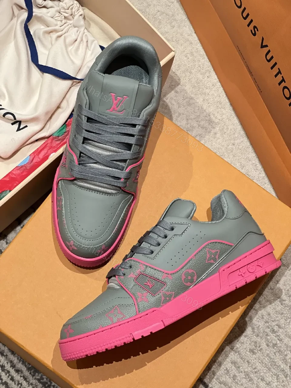 View 2 of Gray & Pink Luxe Sneakers, Premium, High-Top, Cushioned Comfort