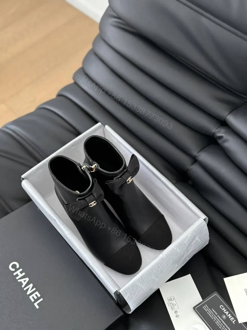 Chic Quilted Ankle Boots with Satin Bow Detail and Gold Accent — view 2