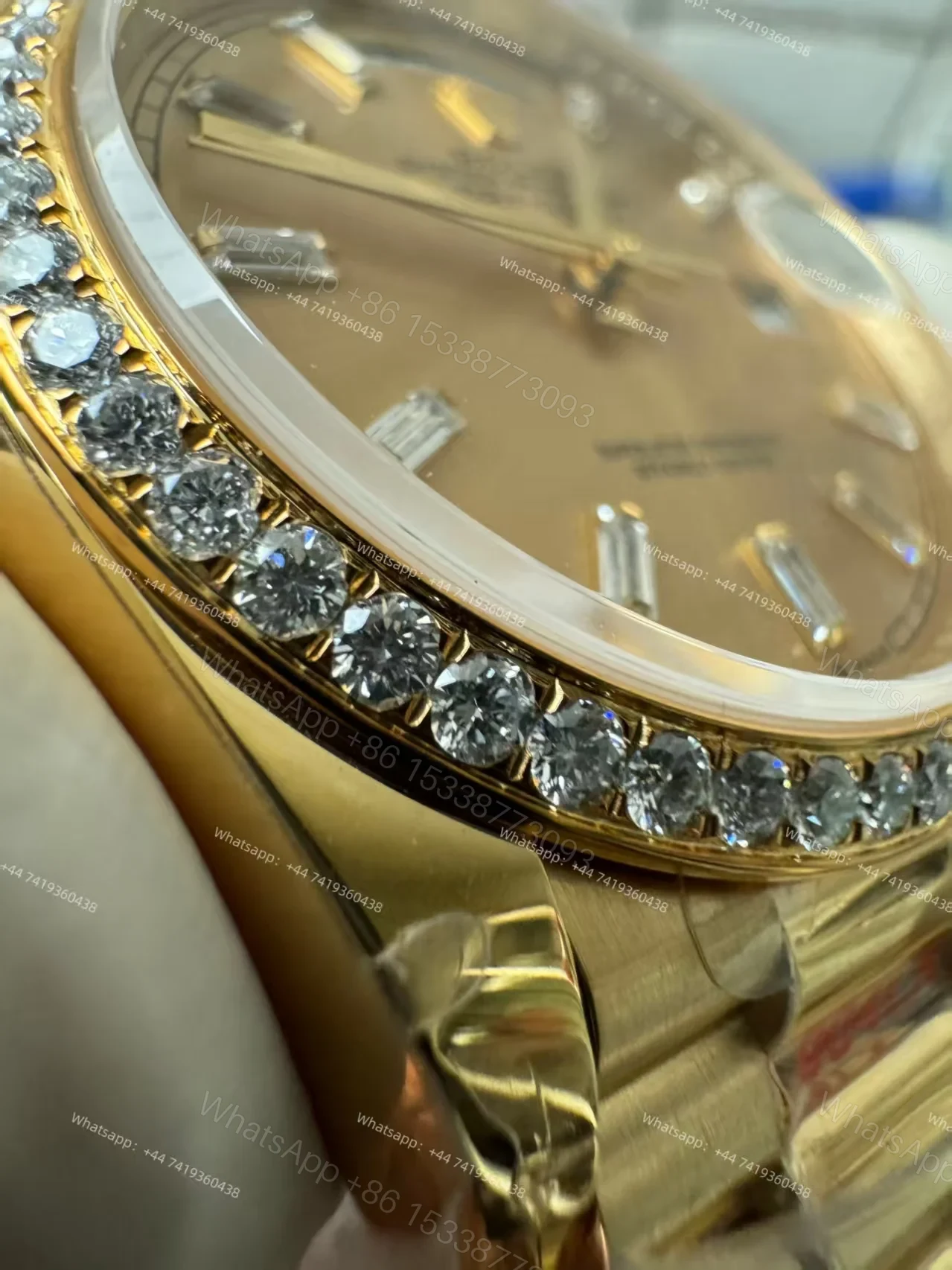 View 8 of Rolex Day-Date M228348RBR-0002 1:1 Replica Moissanite Bezel Gold Dial 40MM 3255 Movement Super Clone Watch