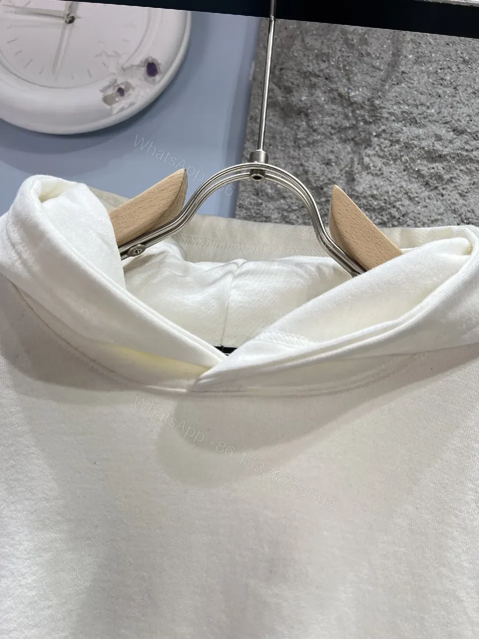 View 2 of Off-White/Vanilla Fleece Hoodie with Minimal Chest Emblem