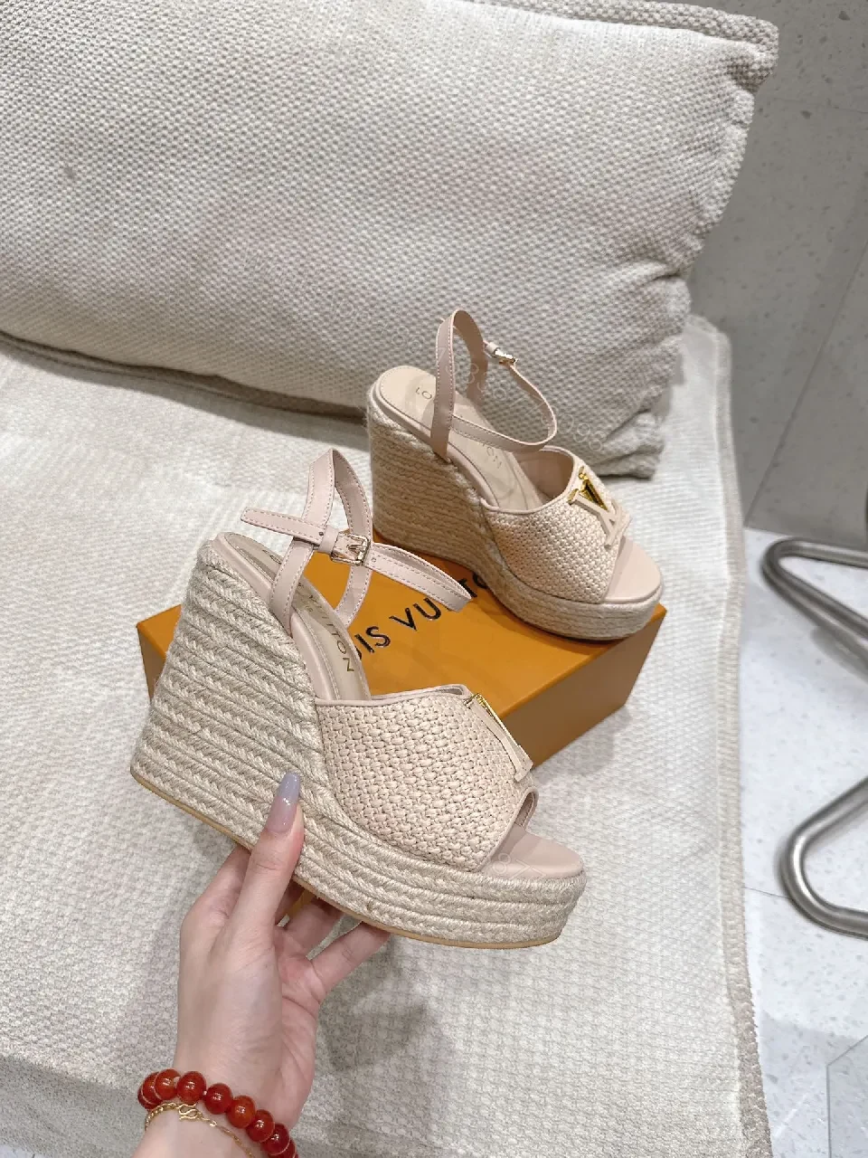 View 9 of Beige Wedge Espadrille Sandals with Gold Detail - Elevated Comfort