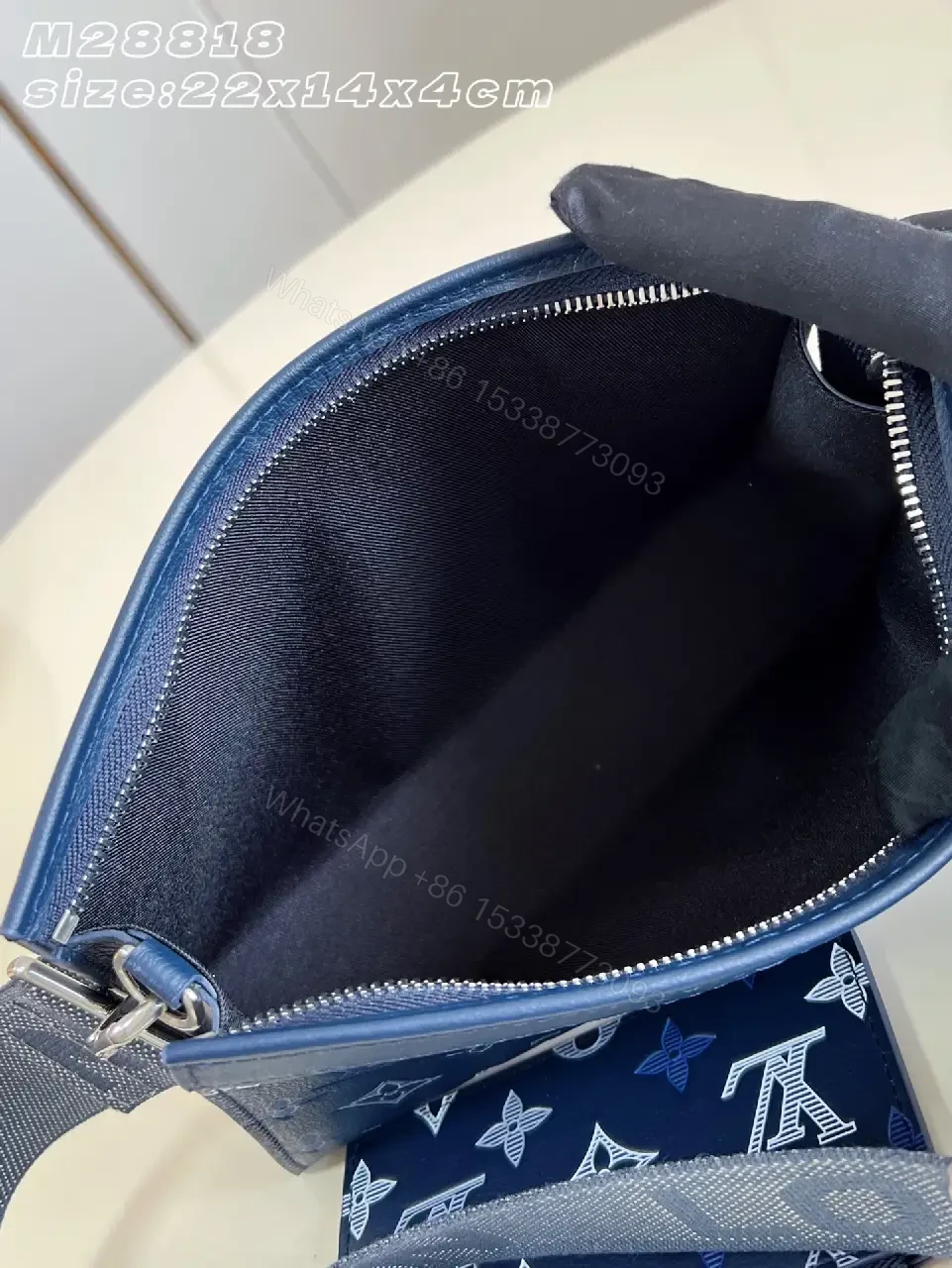 View 3 of Dark Blue Monogram Leather Crossbody with Flap and Silver Hardware