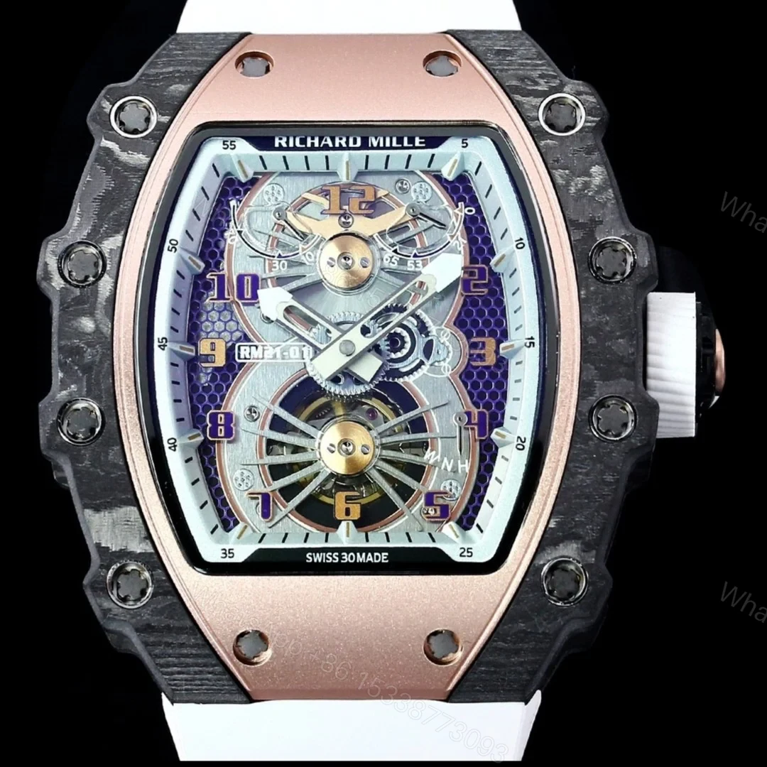 View 4 of Richard Mille RM21-01 Automatic Skeleton Watch 40MM Carbon Fiber Case White Strap Aerospace Structure 20 Keyway Screws Premium Edition RM-RM21-01-CF-WHT-SKL-40
