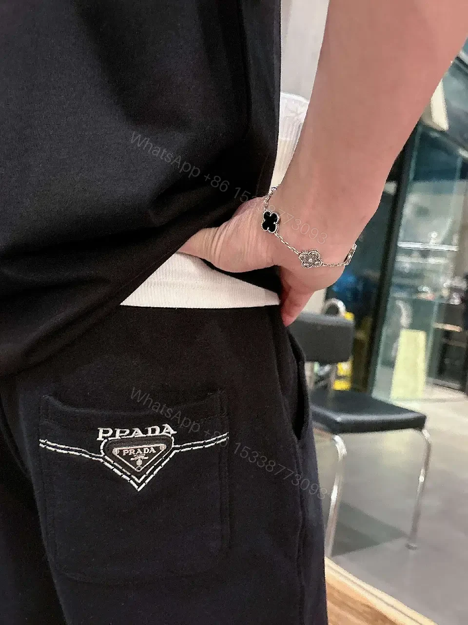 View 10 of Black Cotton Shorts Prada Logo Casual Style with Drawstring