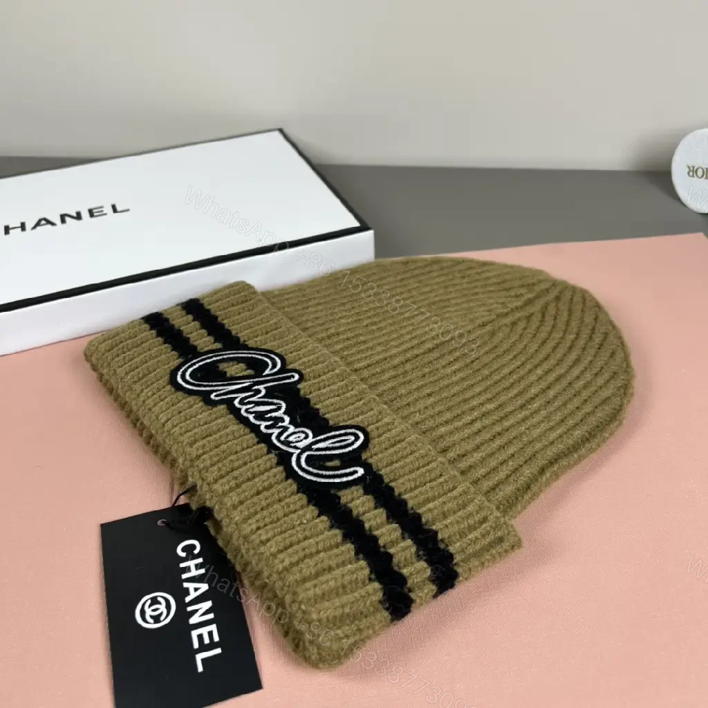 View 8 of Tan Knit Beanie Ribbed Knit Folded Cuff CHANEL Logo Embroidery Beanie