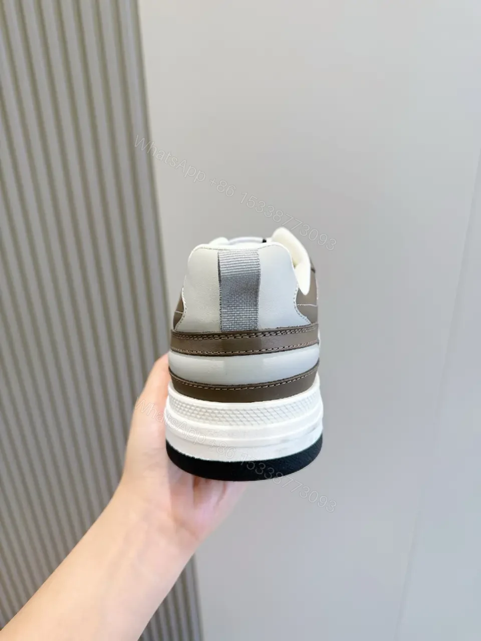 View 9 of White Brown Leather Sneaker with 3D Prada Logo, Lightweight Casual Shoes
