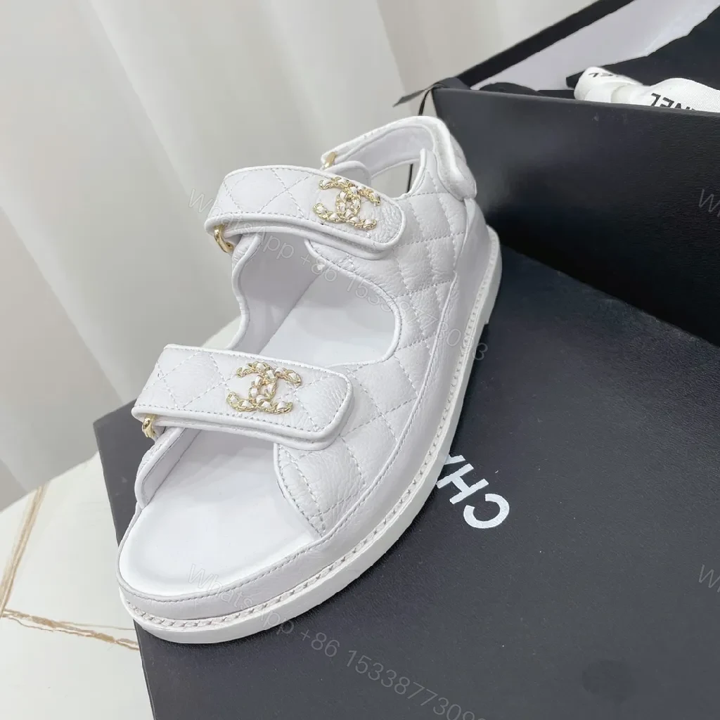 View 6 of White Quilted Leather Sandals with Gold Logo Hardware