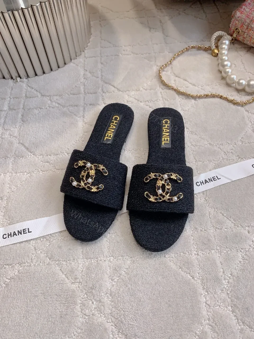 View 6 of Chanel-Inspired Textured Slider with Gold Chain Crest