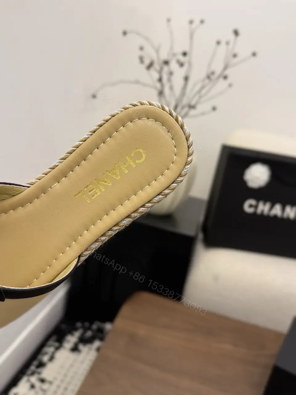 View 6 of Neutral Sand Leather Espadrille Slides with Logo Strap