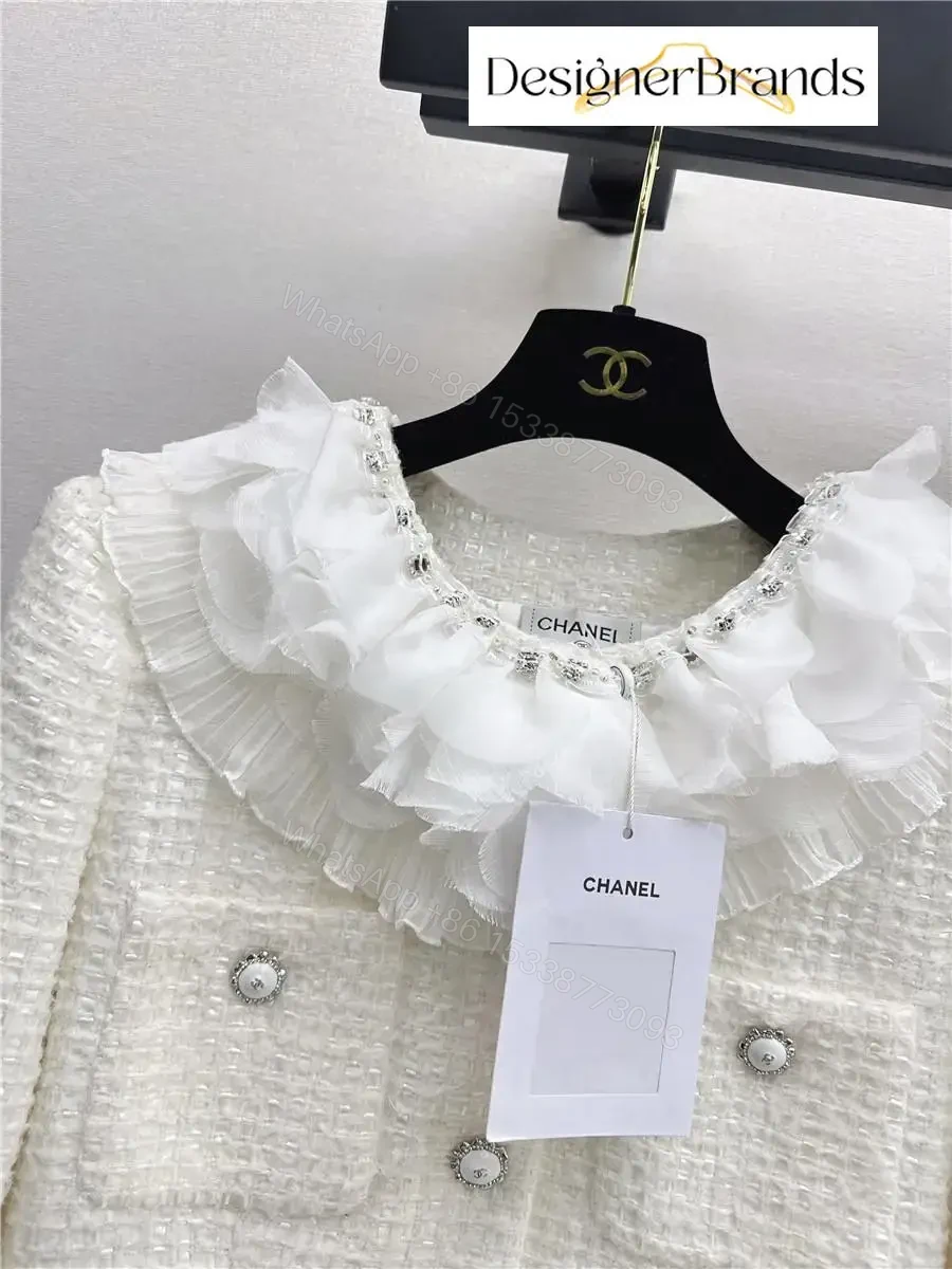 View 5 of Ivory Tweed Blazer with Ruffle Collar – Luxe, Structured Style