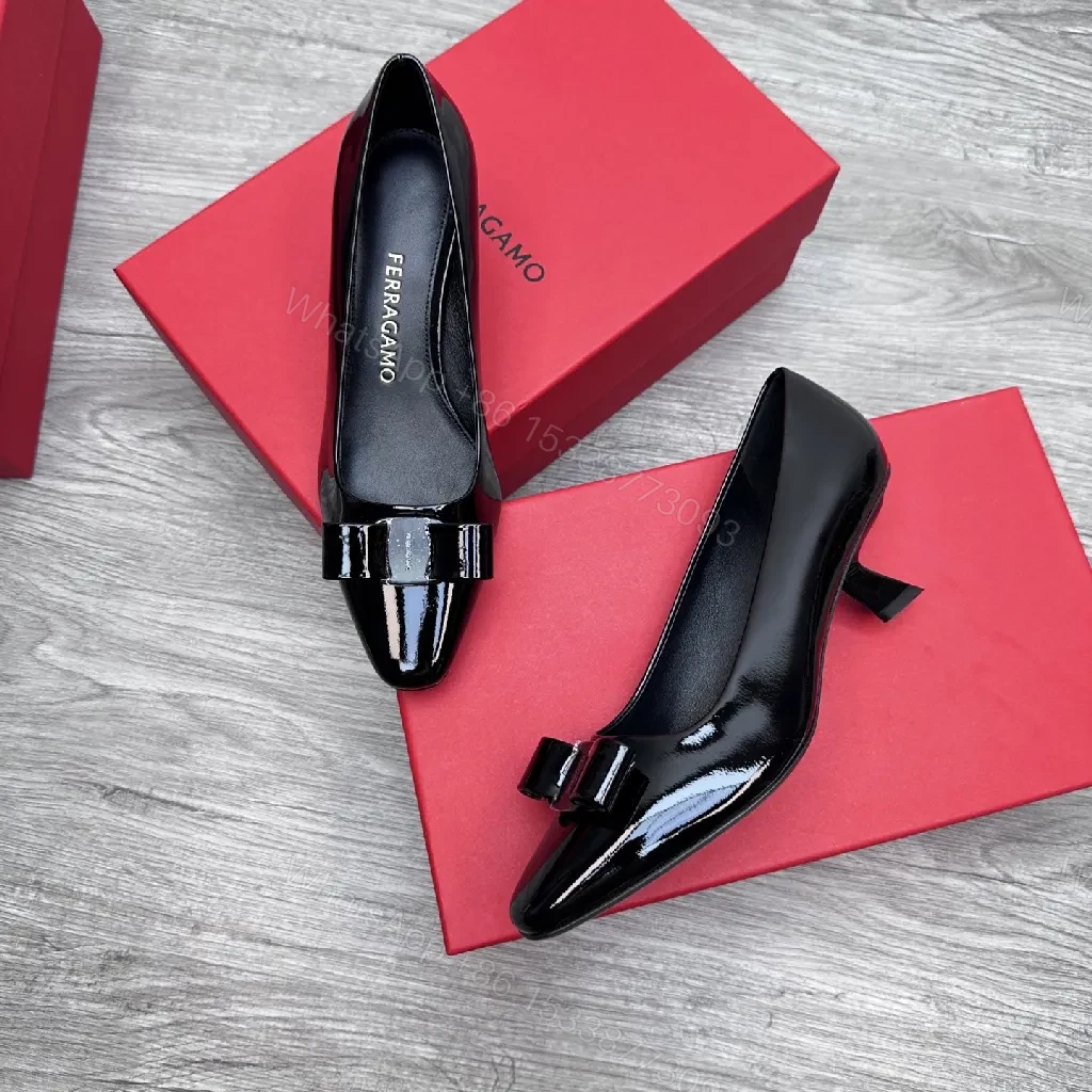 View 2 of Glossy Patent Pumps with Bow Detail, Black, 2.5" Heel