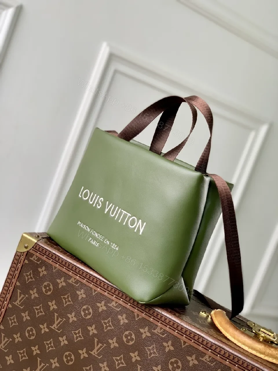 View 8 of Green Leather Tote with Bold Branding, Coordinated Straps