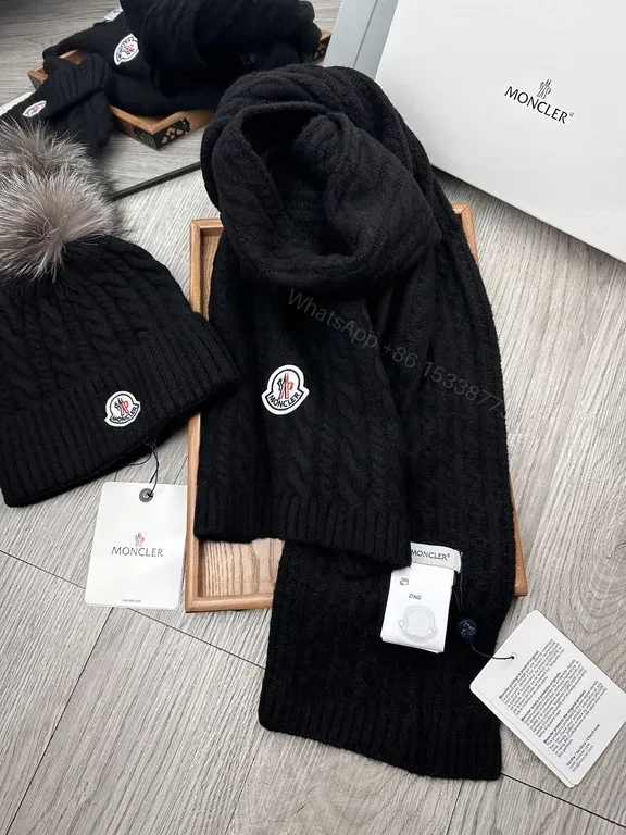 View 2 of Black Alpaca-Blend Moncler Scarf & Beanie Set: Ultra-Luxe Winter