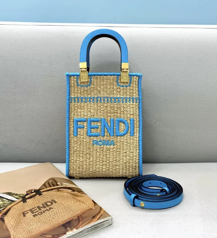 Blue Leather-Trim Straw Tote by FENDI ROMA, Luxe Crossbody-Ready — view 1