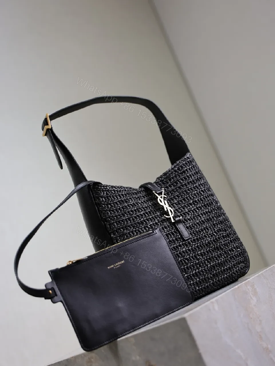 View 3 of Compact Woven Leather Hobo with Chain-Accent Black Leather Bag