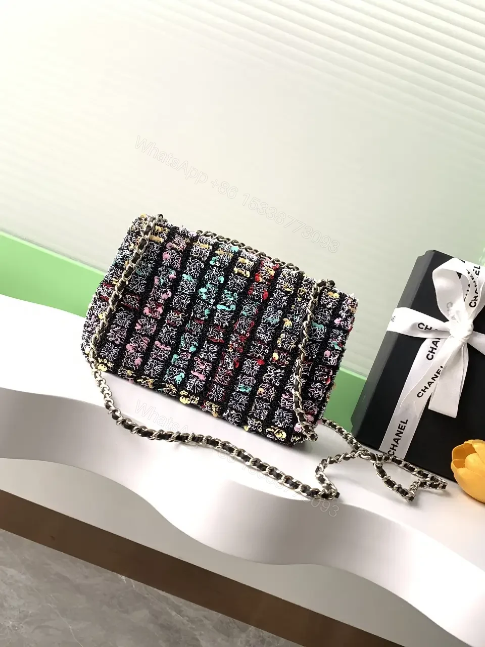 View 3 of Multicolor Tweed Chain-Shoulder Bag with CC Logo Clasp