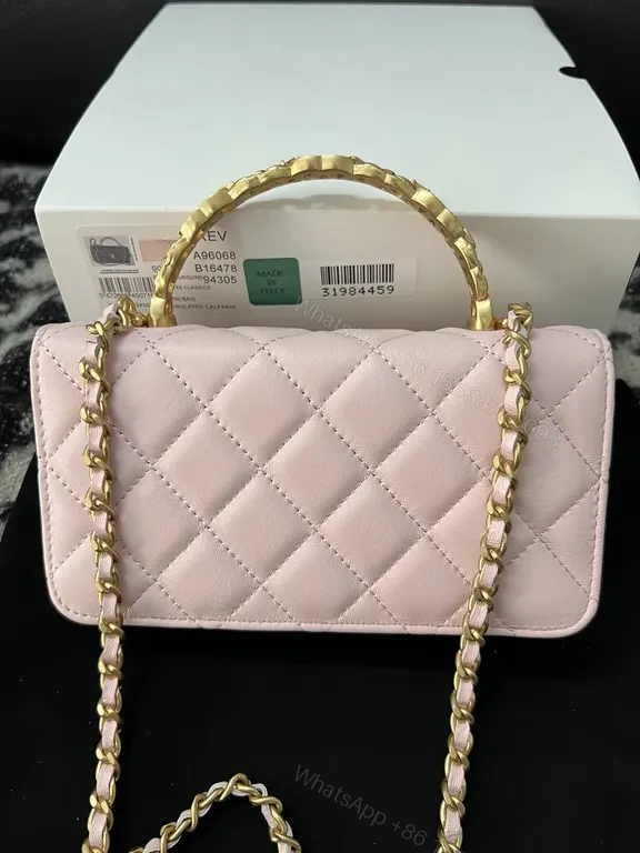 View 4 of Chanel-Inspired Pink Quilted Leather Mini Bag with Gold Chain