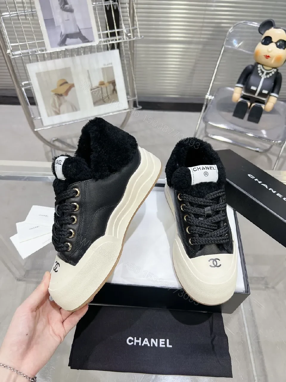 View 7 of Cream Knit-Chanel Inspired High-Tops with Plush Collar