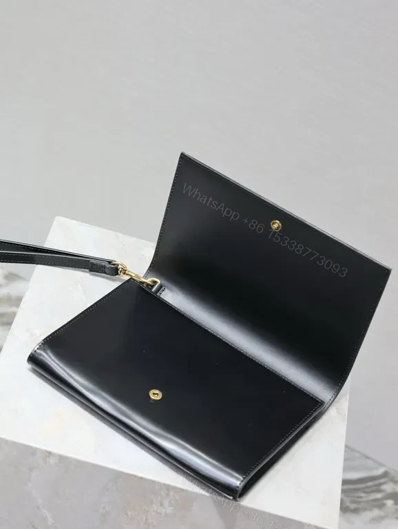 View 7 of Structured Leather Crossbody Clutch: Black/Ivory, YSL Hardware, Day-to-Night