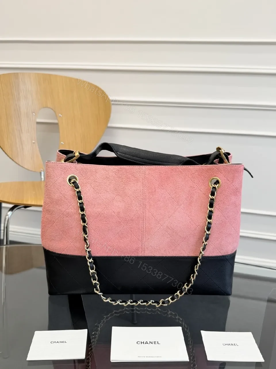 View 10 of Pink Black Quilted Tote with Chain - Modern Luxury Bag