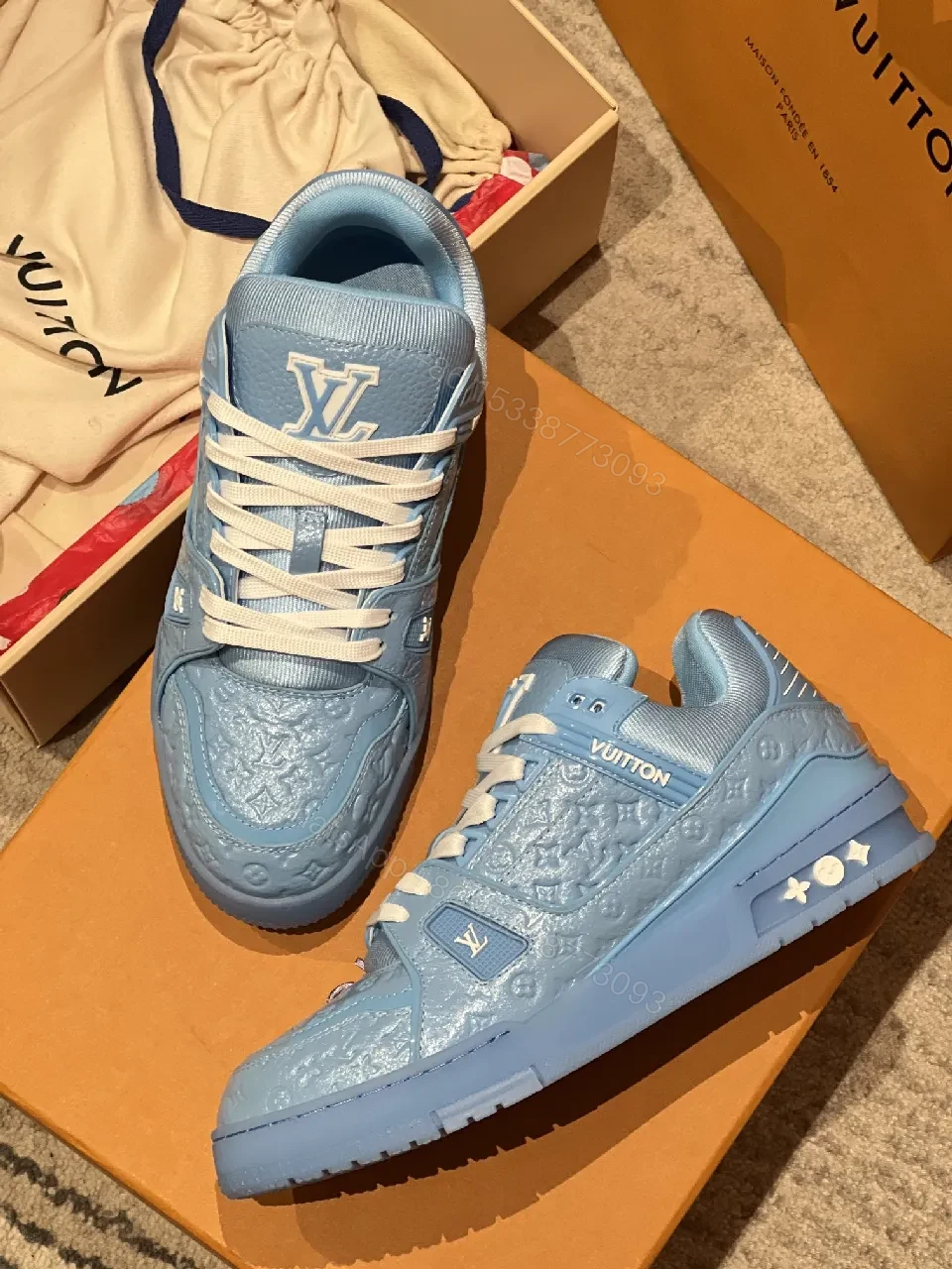 View 5 of Pastel Peak Blue Luxe Trainer with Monogram Texture