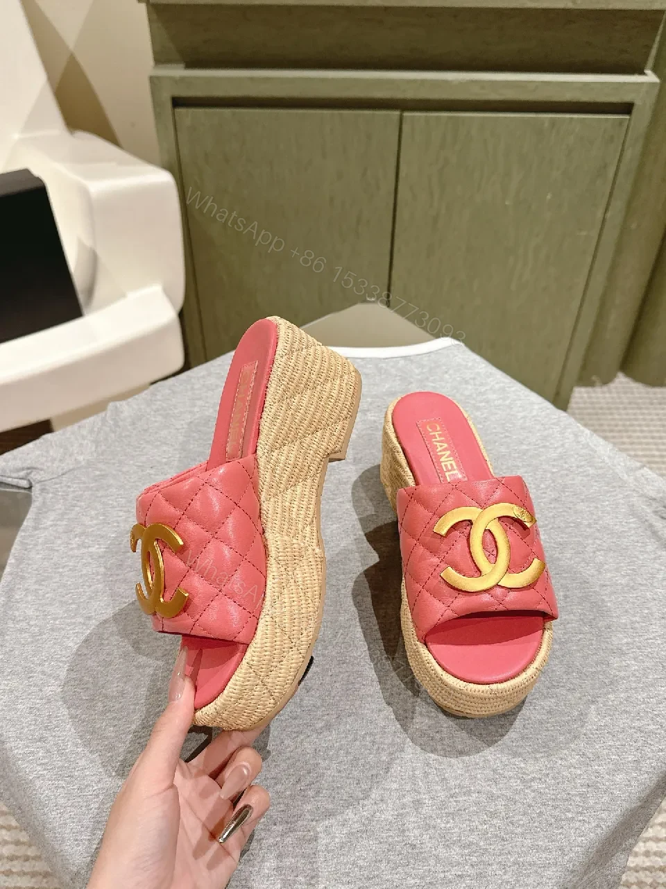 View 6 of Pink Quilted Espadrille Platform Sandals with Metallic Hardware