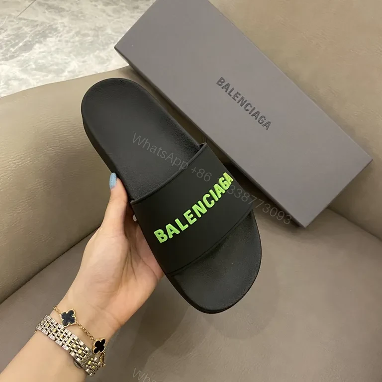 View 4 of Sleek Black Slides: Neon Balenciaga Logo, Allâ€‘Day Comfort