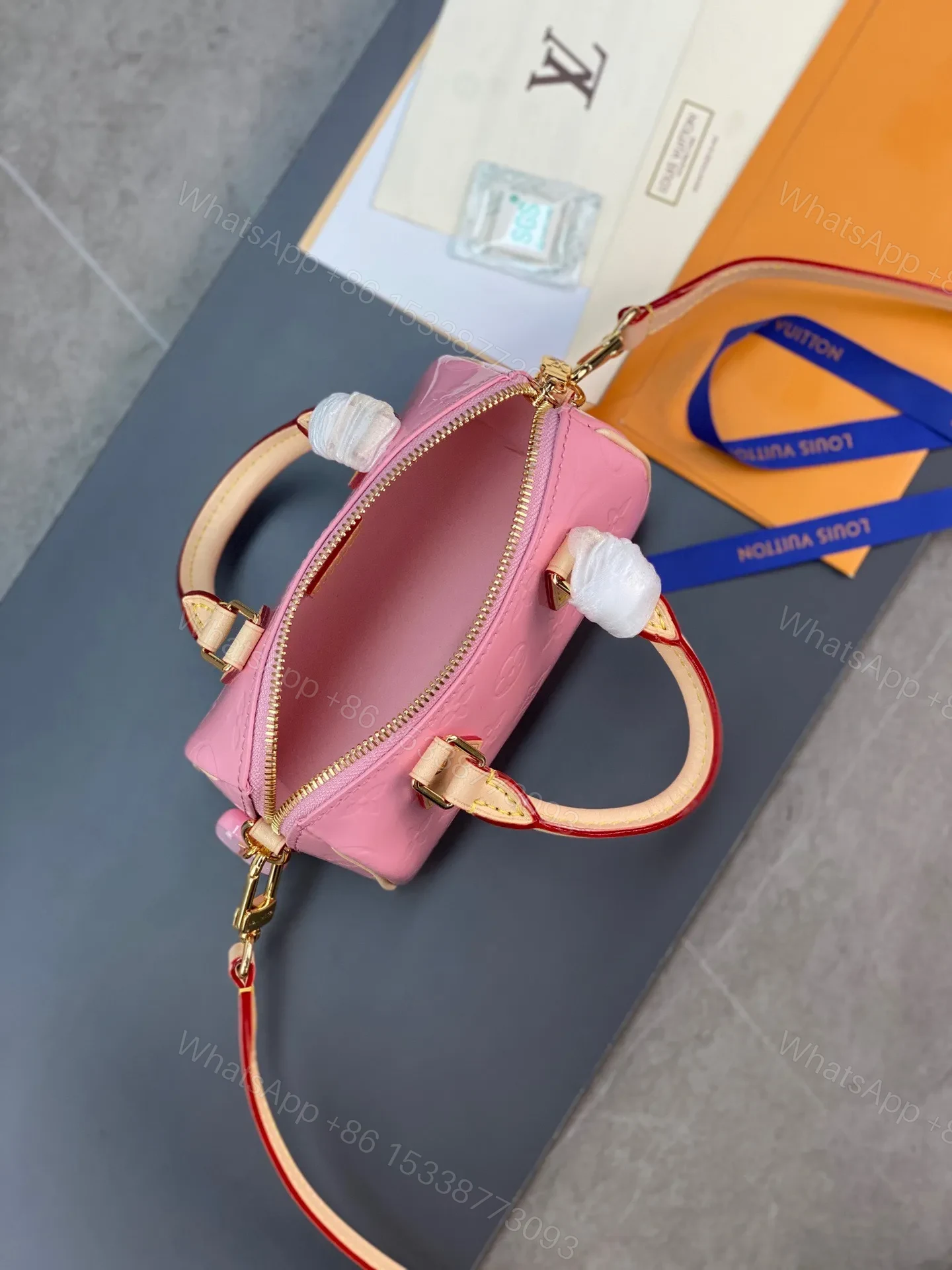View 5 of Louis Vuitton LV Nano Speedy Pink Mini Like Auth Shiny Leather Handbags 16x10x7.5cm
