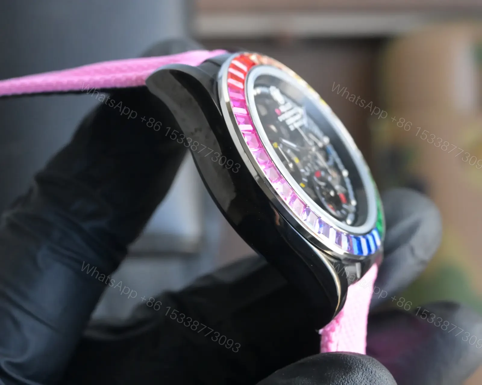 View 6 of Premium Rolex Daytona Rainbow Skeleton Pink Strap replica 40MM Fabric Strap Edition RG-DAYTONA-RAINBOW-SKELETON-PINK-STRAP-40