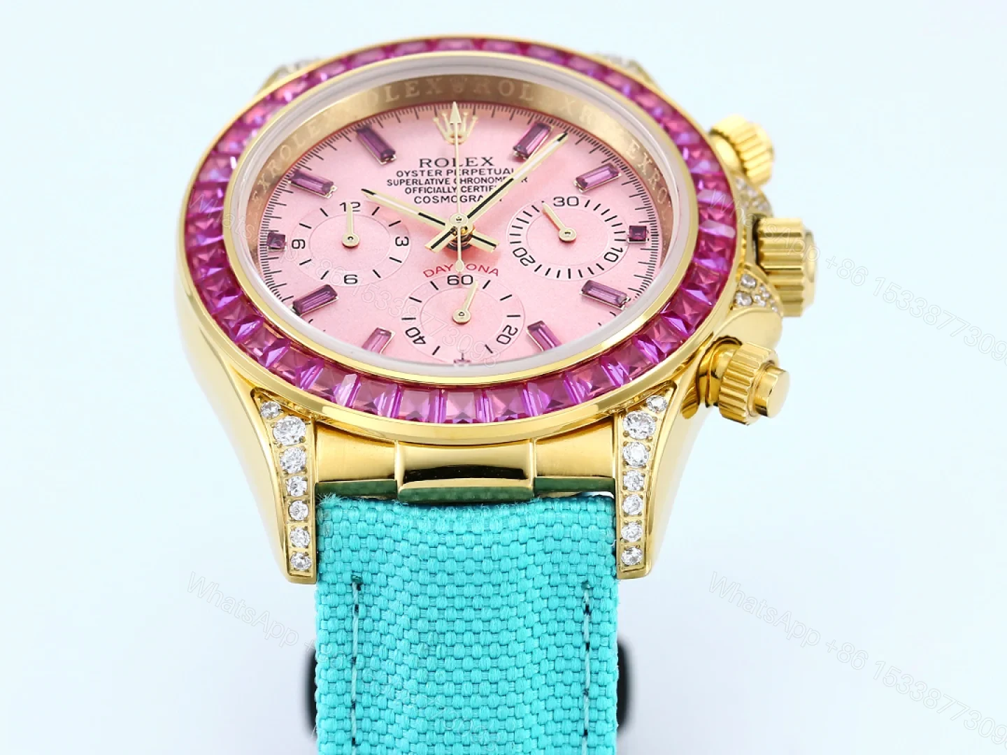 View 2 of Rolex Daytona Pink Ruby Replica 43MM Exclusive Turquoise Fabric Strap RG-ROLEX-DAYTONA-PINK-TURQUOISE-43