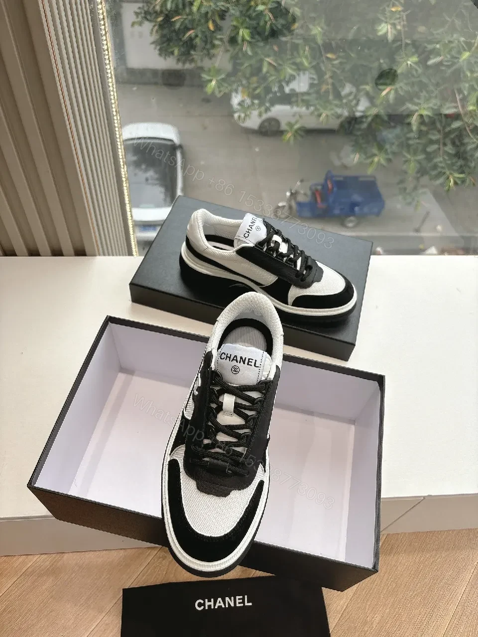 View 3 of Black-White Textile & Suede Low-Top Sneakers, Couture-Inspired Comfort