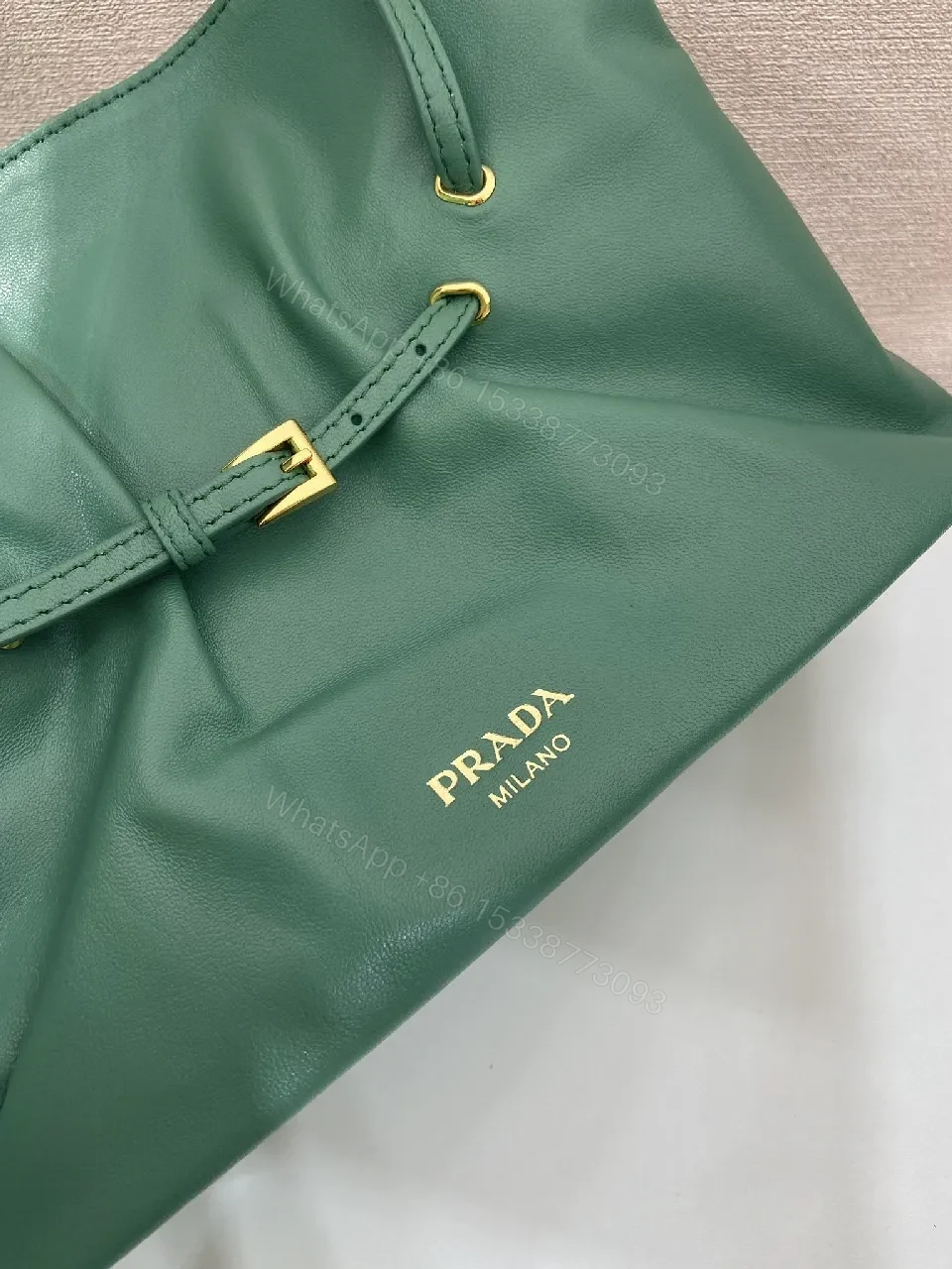 View 5 of Green Leather Drawstring Shoulder Bag - Minimalist Luxe